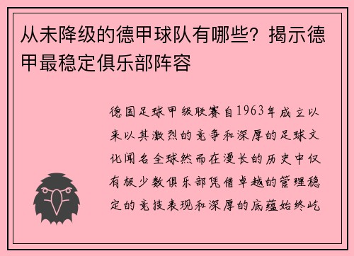 从未降级的德甲球队有哪些？揭示德甲最稳定俱乐部阵容