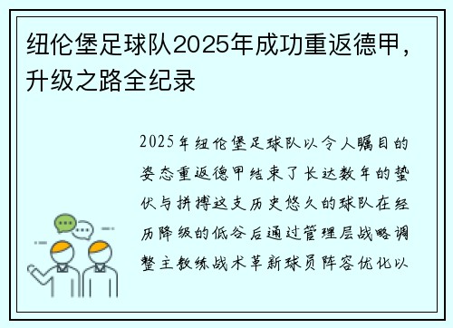 纽伦堡足球队2025年成功重返德甲，升级之路全纪录